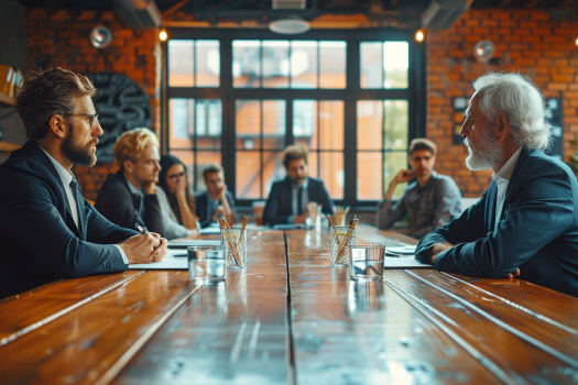 A business meeting showing a leader engaging with team members and a boss giving directives, highlighting the difference in their approaches.