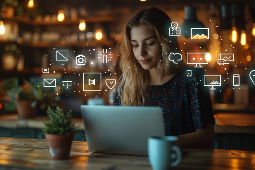 Small business owner using online tools on a laptop in a cozy office, with digital icons floating around.