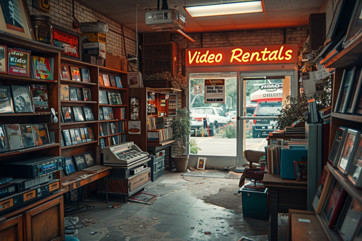 Old video rental store with shelves of VHS tapes and DVDs, a flickering neon "Video Rentals" sign, and an overall abandoned look.