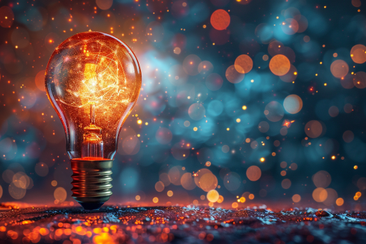 A glowing lightbulb against a colorful background, representing the concept of innovation and new ideas.