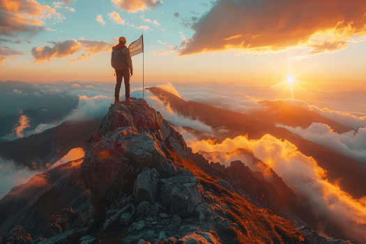 A hiker with a flag stands on a mountain peak at sunrise, representing determination and the achievement of goals.