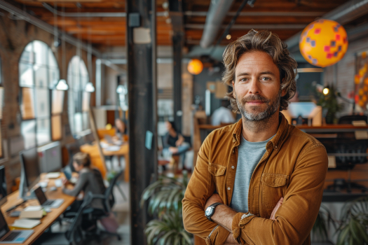 An entrepreneur stands confidently on an upper floor, observing his team working below in a dynamic, modern office setting.