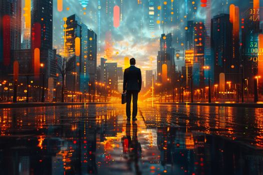 A person standing confidently at the center of a vibrant cityscape at dawn, symbolizing the pursuit of success in life and business.