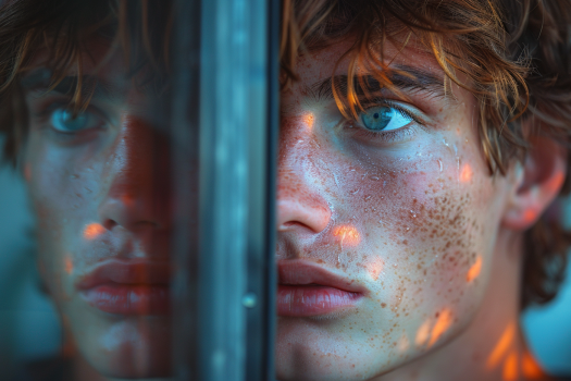 A close-up of a person looking into a mirror, reflecting different emotions on each side, representing emotional intelligence and self-awareness.