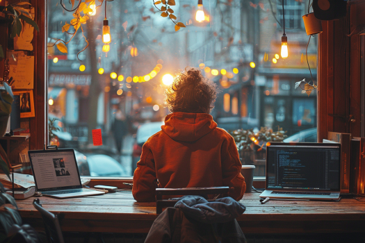 A startup founder sitting at a desk with two laptops, working late into the evening in a cozy, dimly lit workspace.