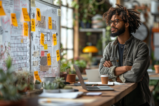 A small business owner standing in front of a whiteboard filled with notes and ideas, working in a modern, collaborative workspace.