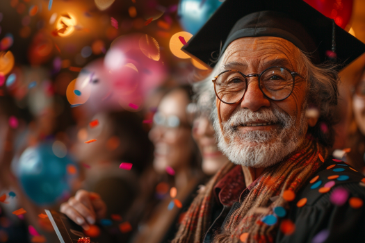 An older person wearing a graduation cap, smiling and celebrating with confetti and balloons in the background, symbolizing that it's never too late to achieve your dreams.