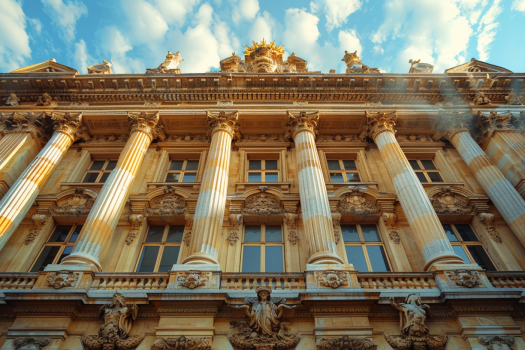 A close-up of a grand historical building with columns, symbolizing the foundational steps of starting a business.