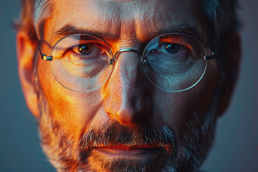 Close-up of Steve Jobs, co-founder of Apple, with a serious and focused expression.